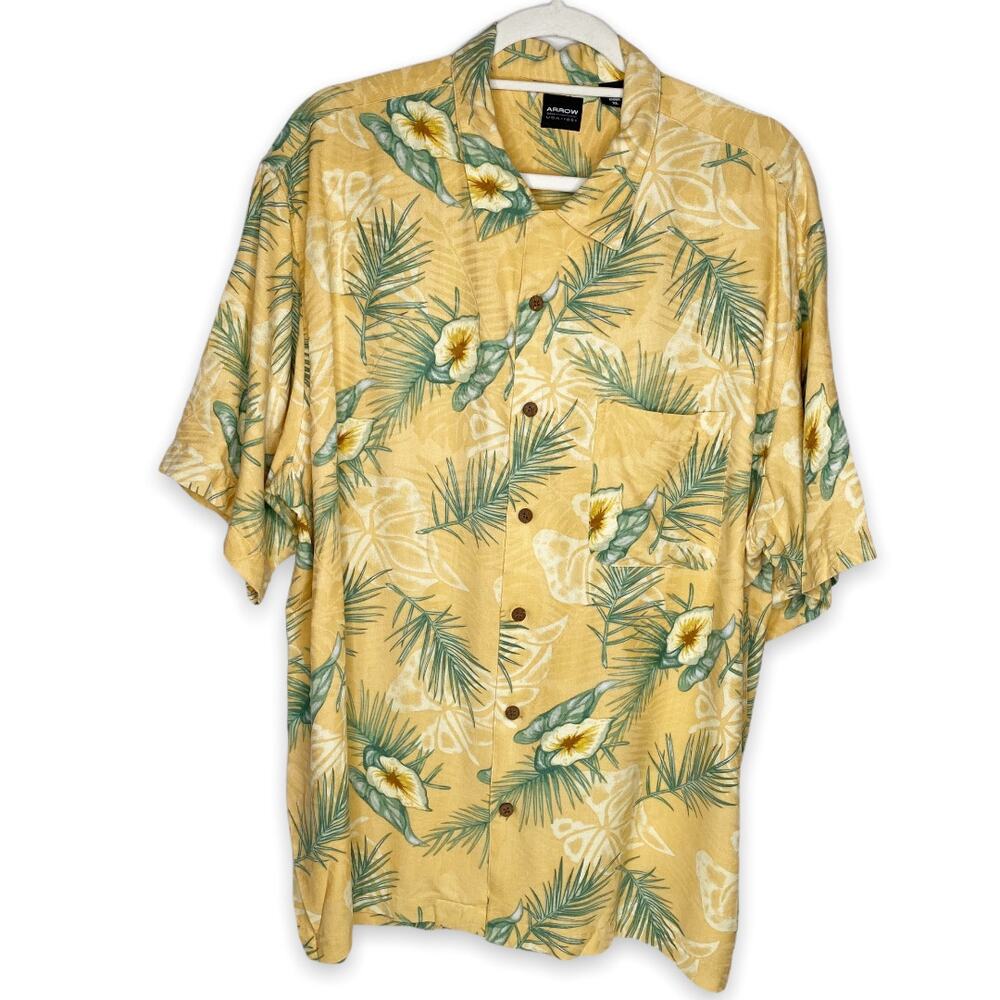 Arrow Yellow Hawaiian 100% Silk Shirt XL